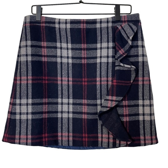 J.Crew Mercantile Navy Pint and Grey Plaid Ruffle Front Wool Blend Mini Skirt 10 - Picture 4 of 10